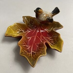 Creative Co op Ceramic Leaf Ring or Jewelry Dish with‎ Bird Fall Orange Brown